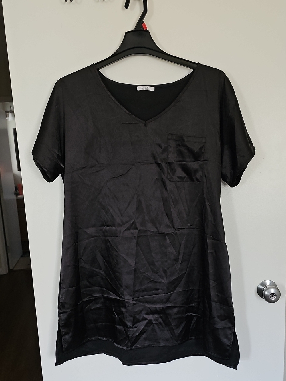 Satin-Look Black V-Neck Short Sleeve Tunic